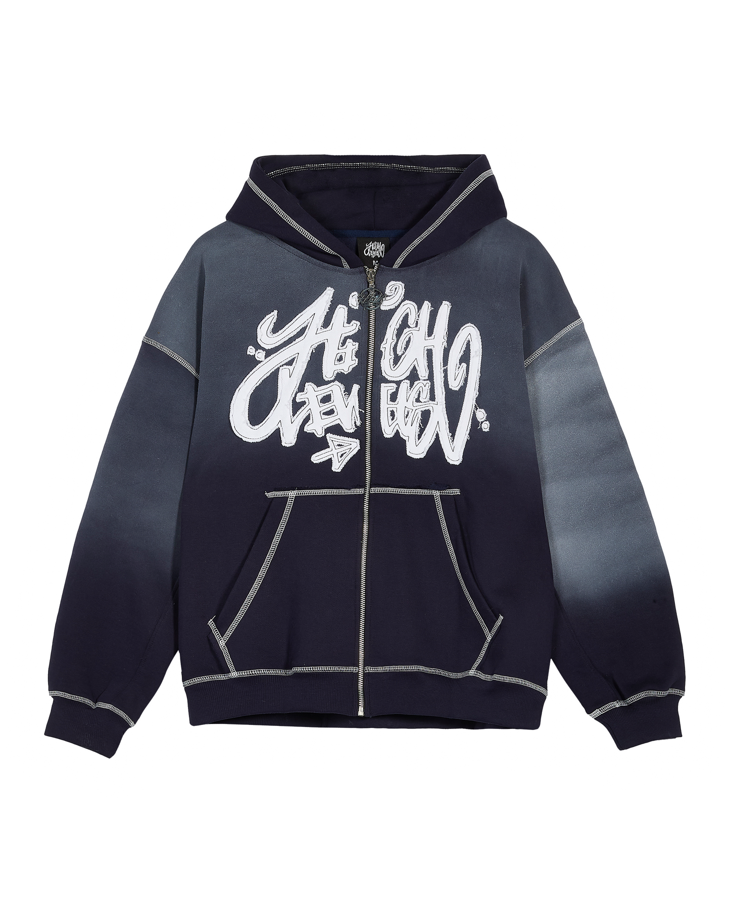 High Levels - Acid Wash Zip Up Hoodie - Navy