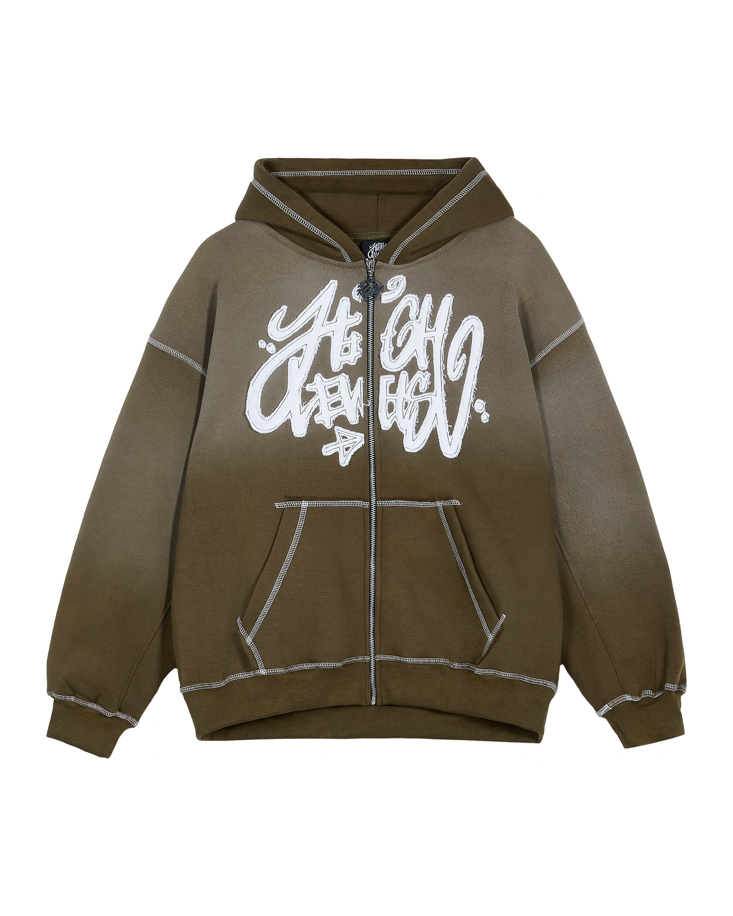 High Levels - Acid Wash Zip Up Hoodie - Khaki