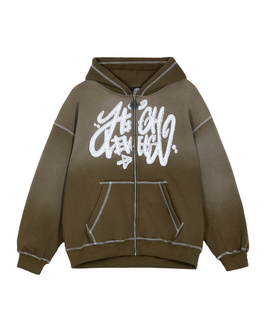 High Levels - Acid Wash Zip Up Hoodie - Khaki