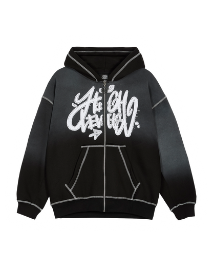 High Levels - Acid Wash Zip Up Hoodie - Black