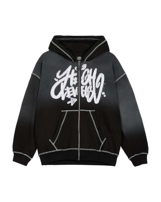 High Levels - Acid Wash Zip Up Hoodie - Black